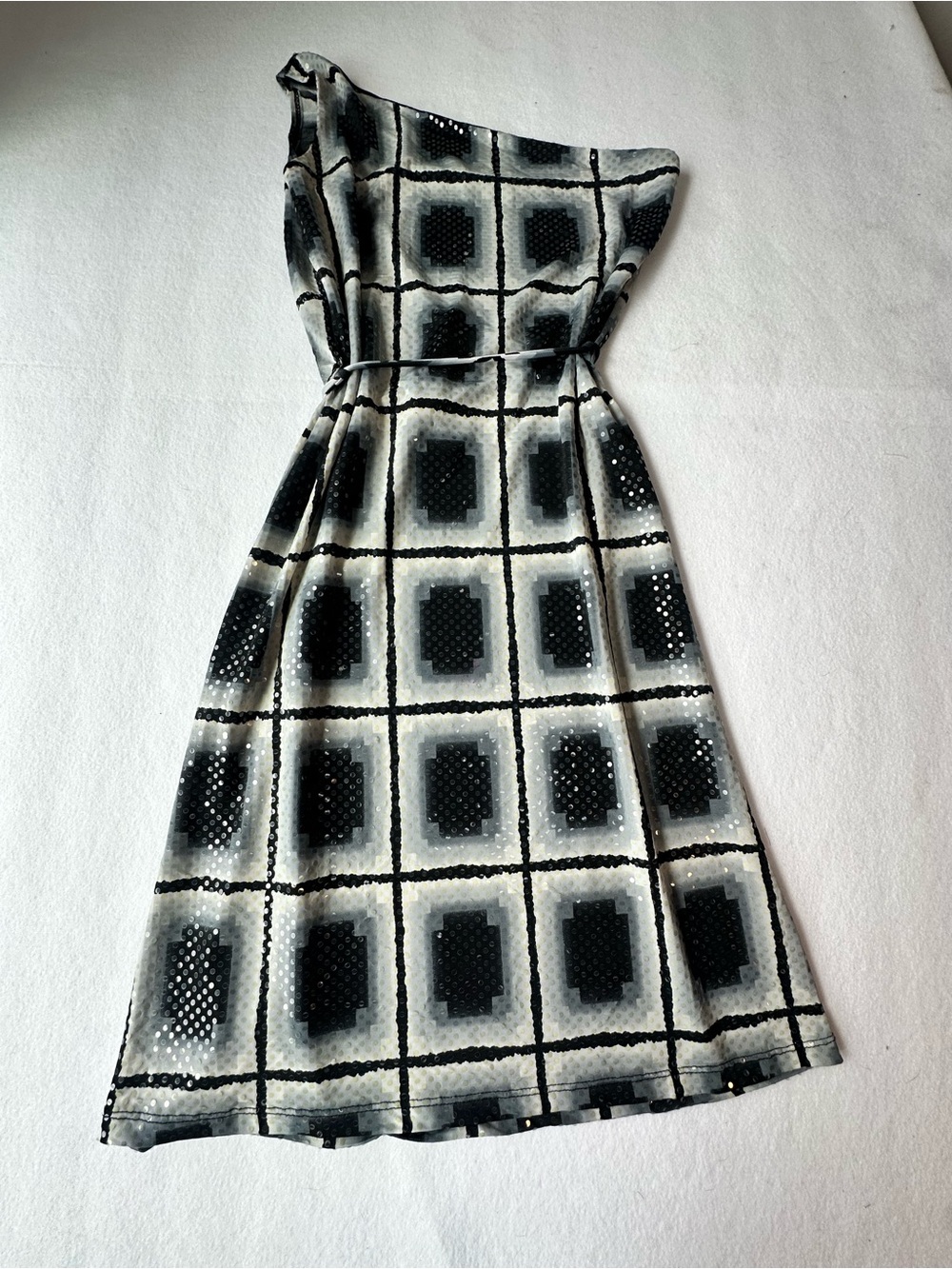 Y2K Sequined One Shoulder Geo Grid Mini Dress Tie Waist Black White